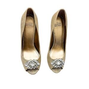 Badgley Mischka Belle Gold Metallic Peep Toe Pump Stiletto Heel Shoes Size 8.5